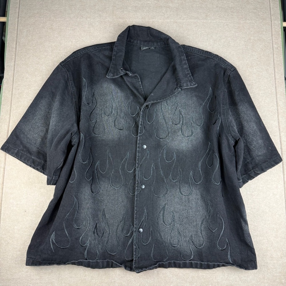 Sumwon Shirt Mens XL Black‎ Flame Button Up Y2K Streetwear Camp Collar